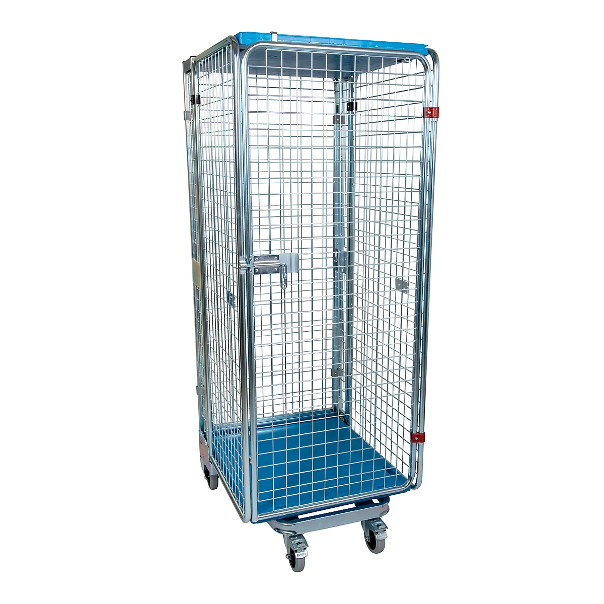 Metalen transportwagen. Kooi met blauwe vloer en wielen, deur met slot. Bovenkant blauw.