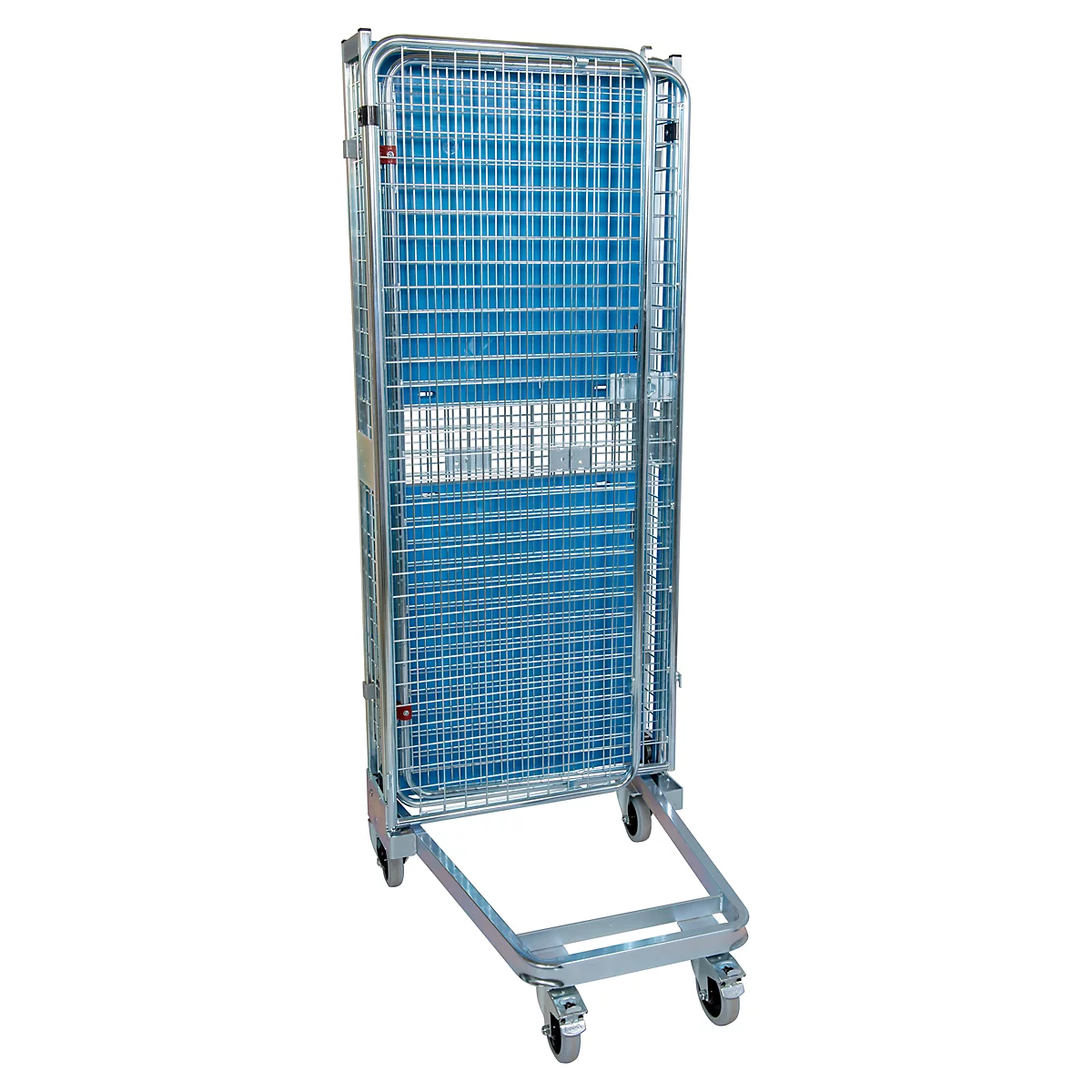 Transportkar met roosterframe en rollers, blauwe achtergrond.
