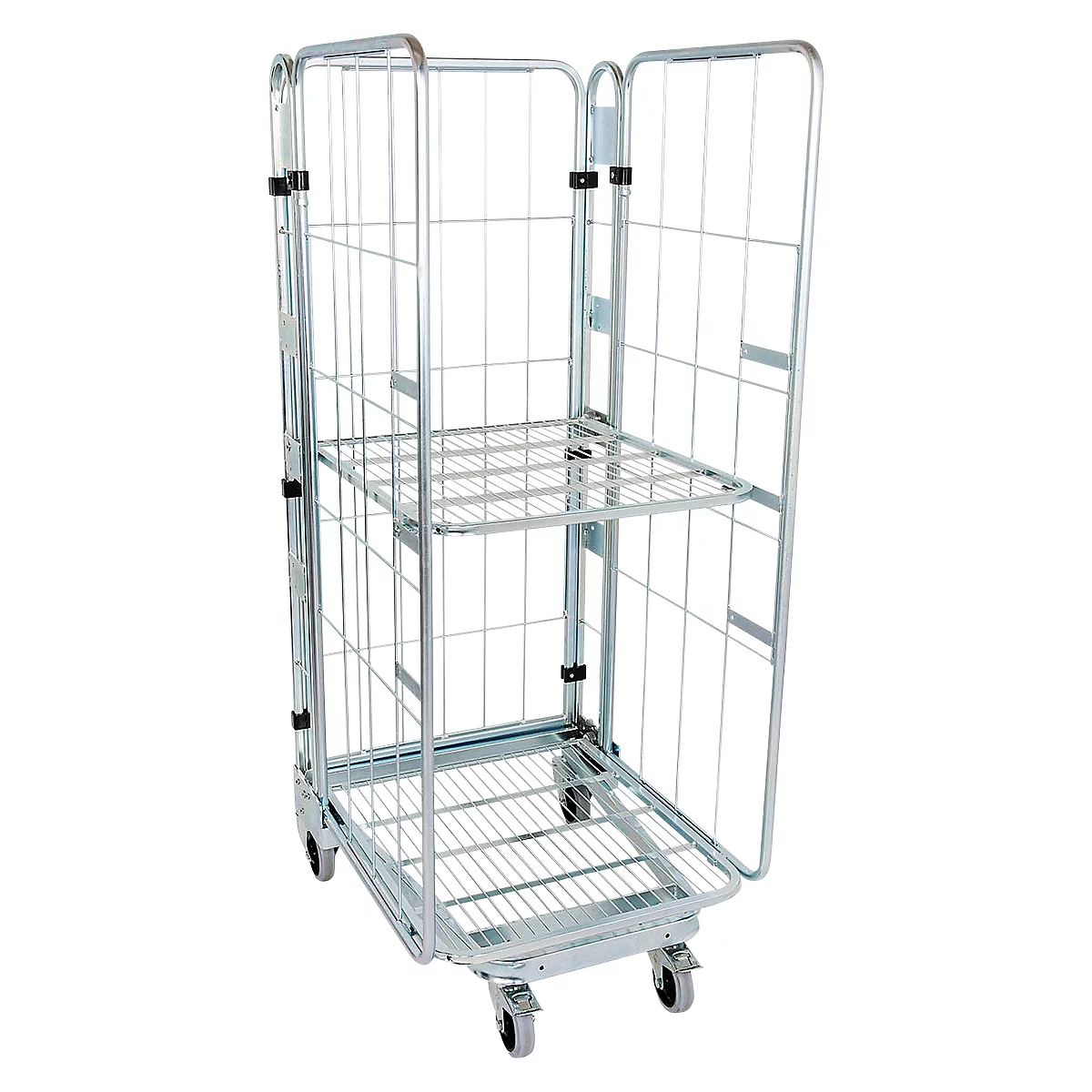 Nestbare rolcontainer, 3-zijdig, gegalvaniseerd, draagvermogen 500 kg, 1 tussenlegbord