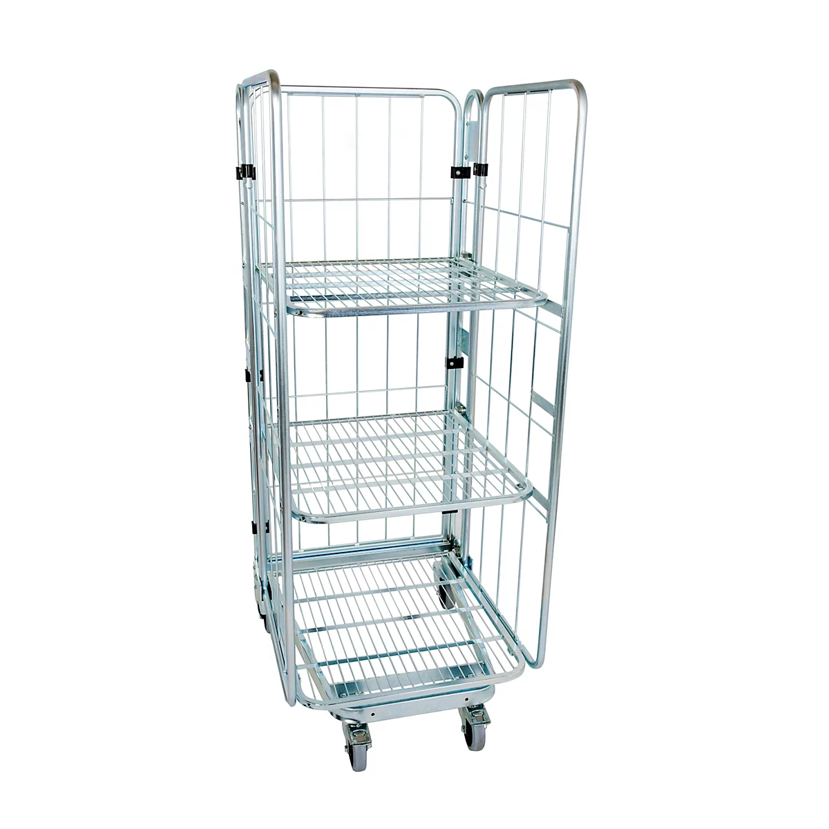 Nestbare rolcontainer, 3-zijdig, gegalvaniseerd, draagvermogen 500 kg, 2 tussenlegborden,