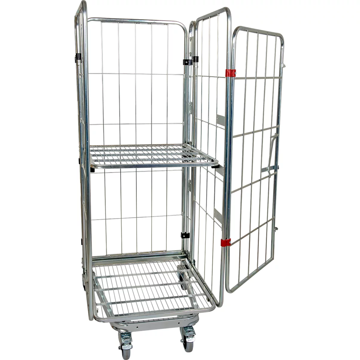 Nestbare rolcontainer, 4-zijdig, gegalvaniseerd, draagvermogen 500 kg, met 1 inklapbaar tussenlegbord