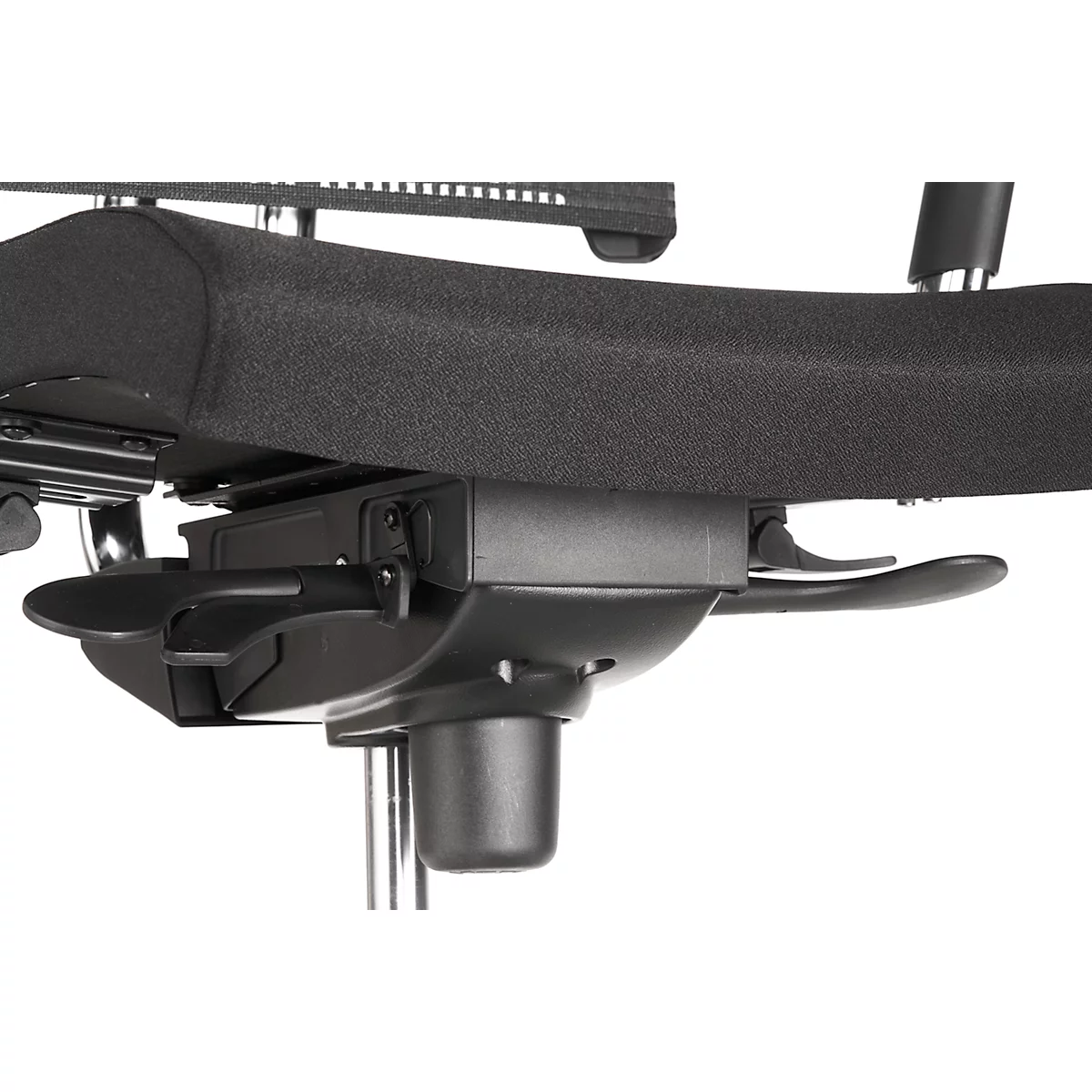 Black office chair detail. Mechanics and levers can be seen below the seat.