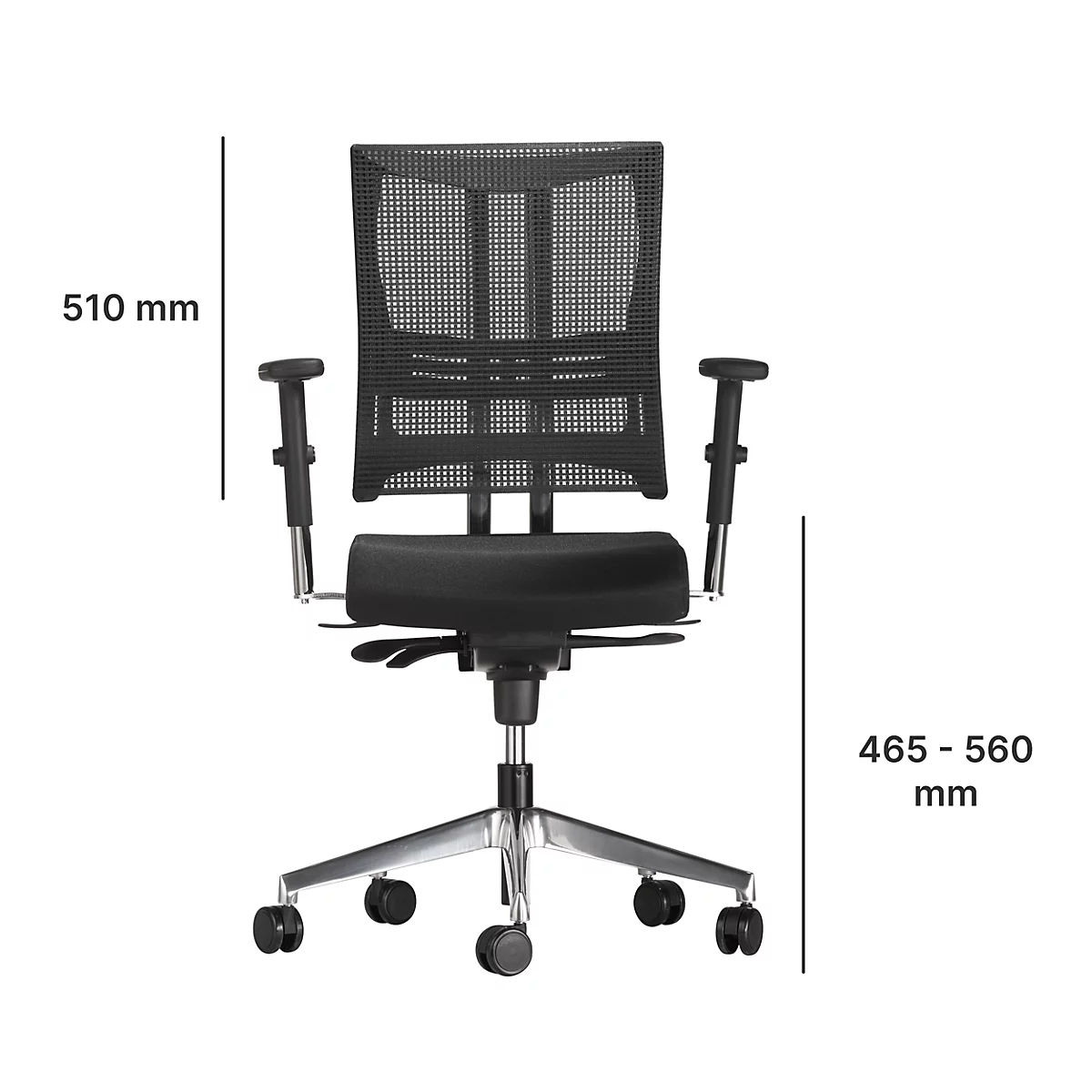 Office chair against a white background. Black seat, mesh backrest, armrests and chrome base. Dimensions: 510 mm and 465-560 mm.