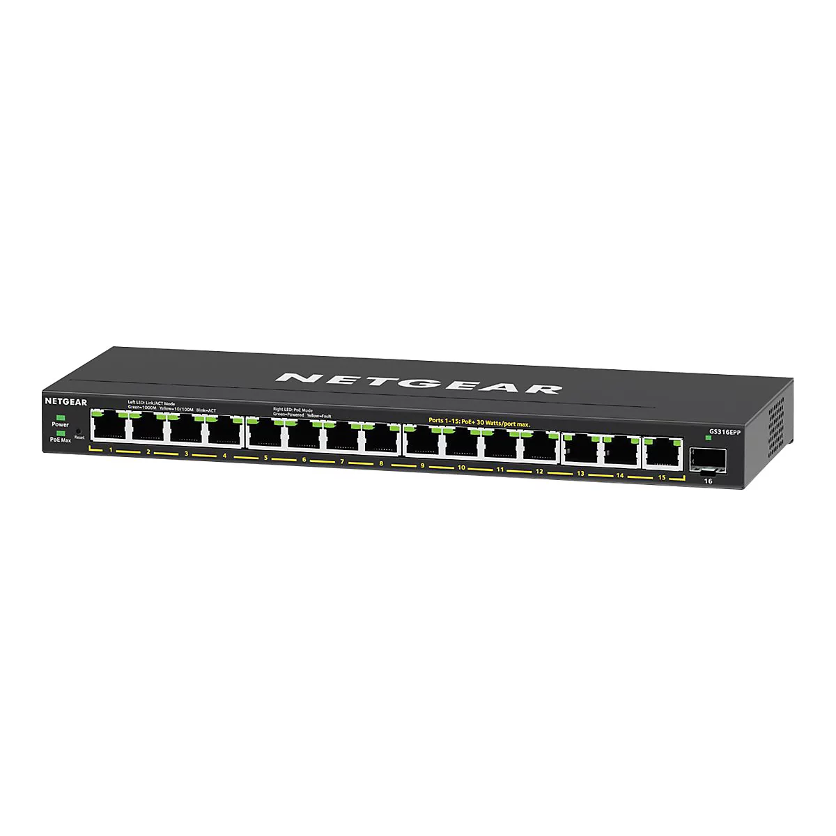Commutateur Netgear noir avec 16 ports. "NETGEAR" est en haut. En dessous se trouvent des LED et des ports numérotés.