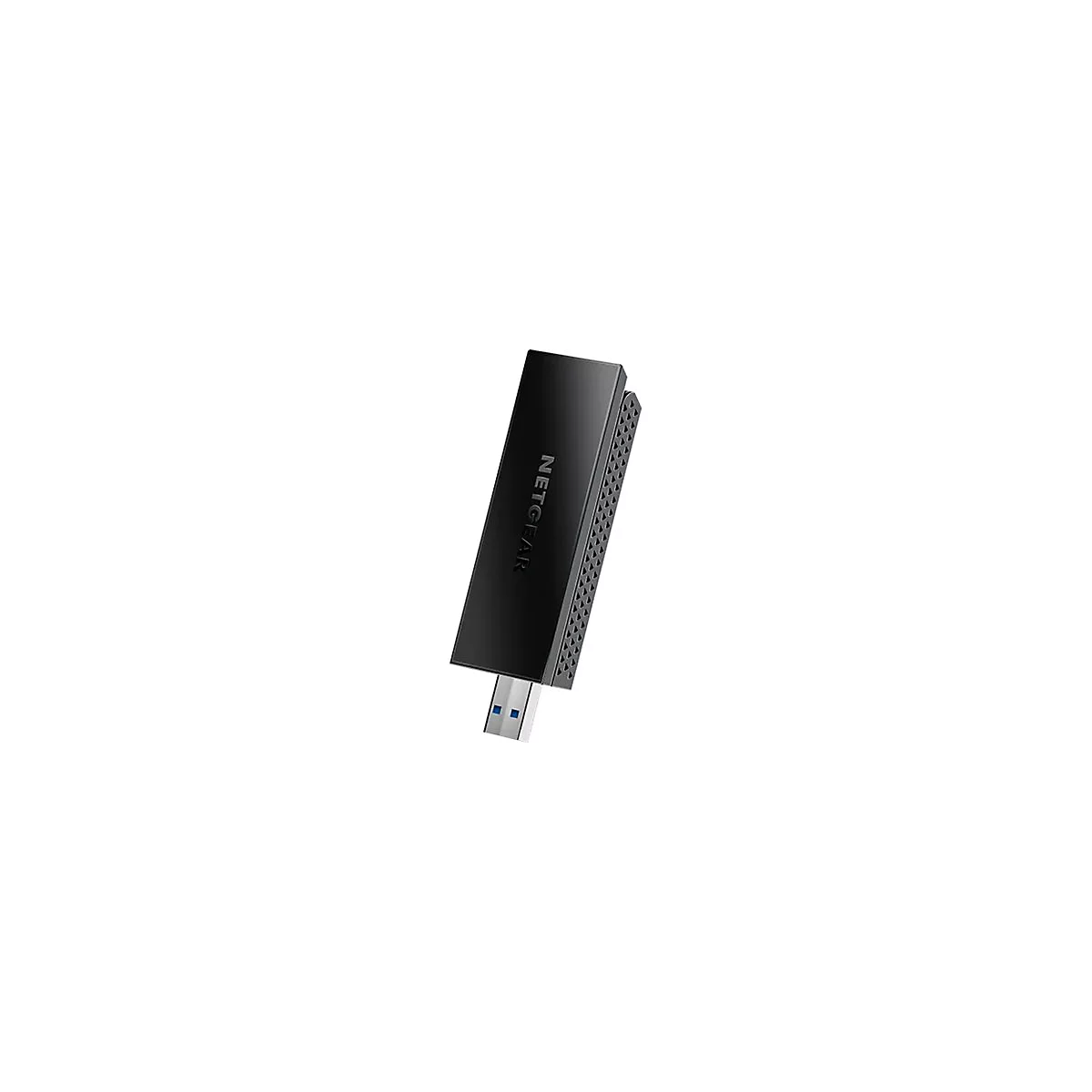 Adaptateur Wi-Fi USB Netgear noir. Dessus avec logo de l'entreprise, connecteur USB en bas.