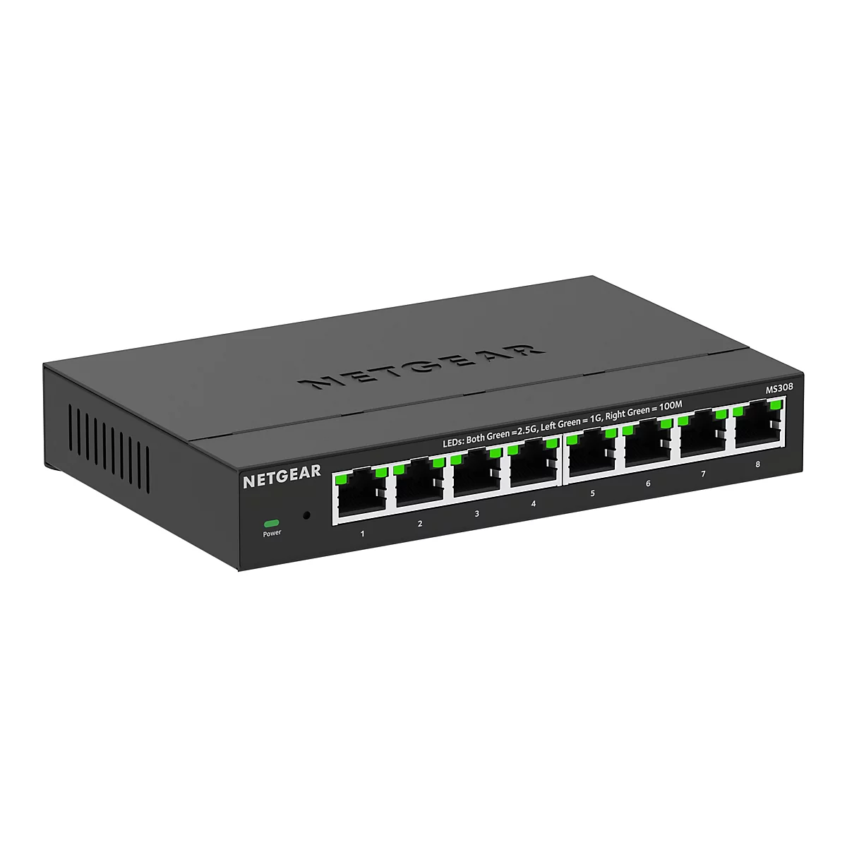 Un commutateur Netgear MS308 noir sur fond blanc. Le commutateur dispose de 8 ports avec des LED vertes et une LED d'alimentation.