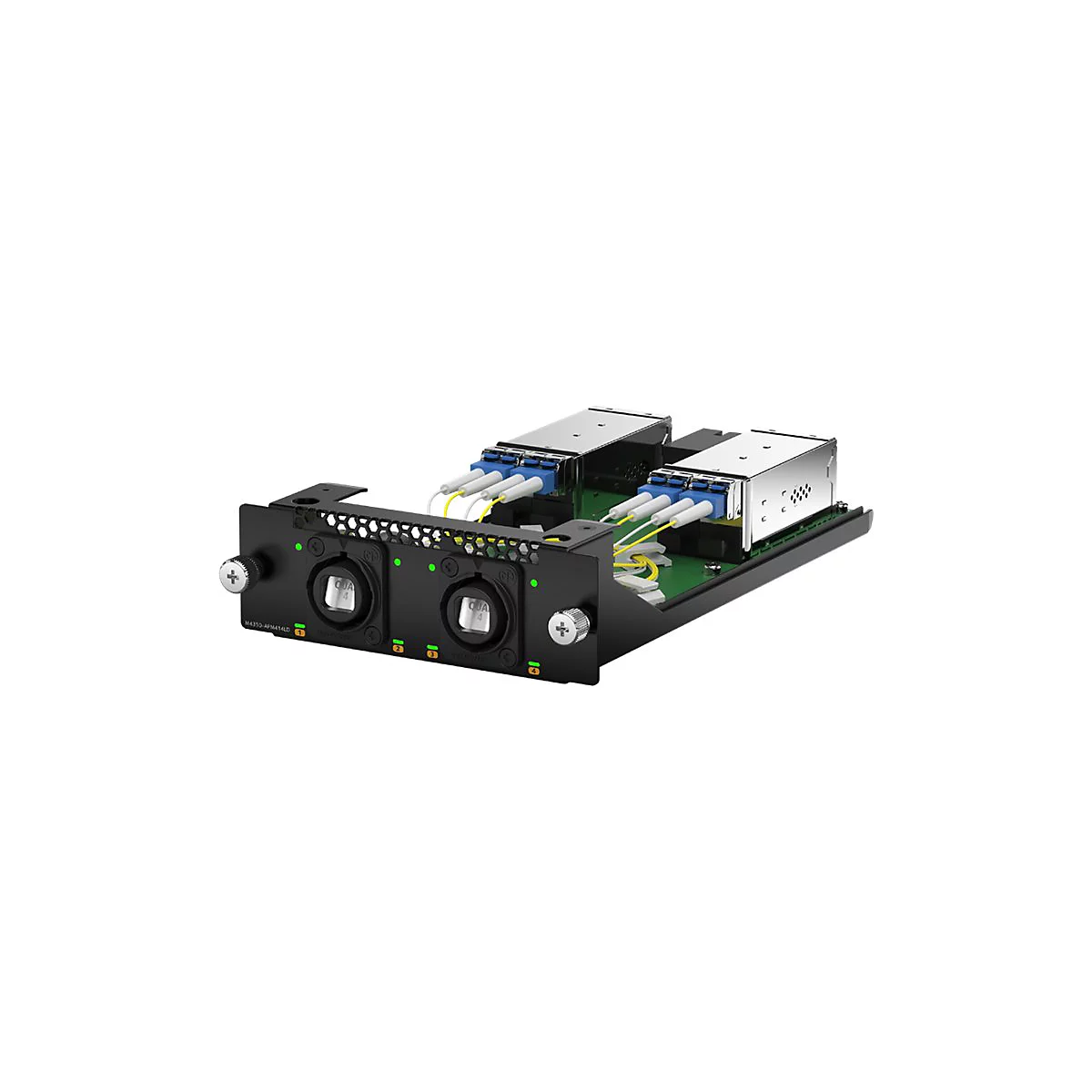 Module réseau noir avec connexions pour câbles à fibre optique et indicateurs LED.