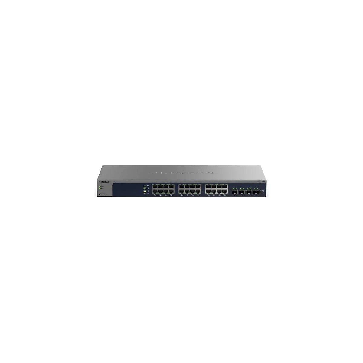 Commutateur réseau gris avec ports et LED, logo 'NETGEAR'.