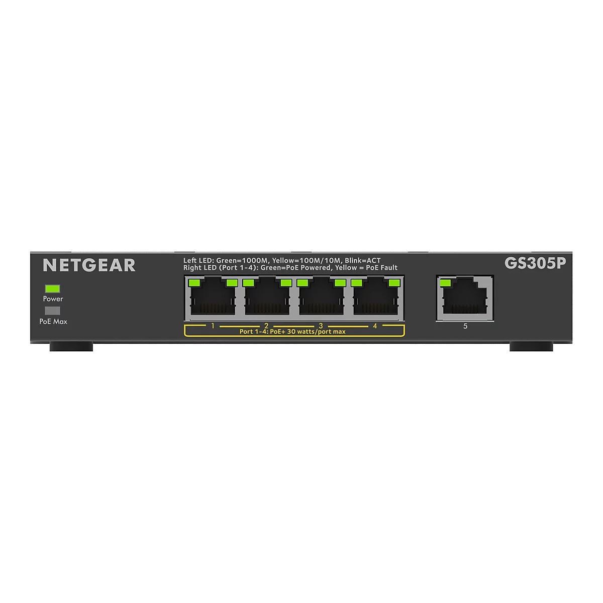 Commutateur Netgear GS305P noir. L'avant comporte des ports, des LED et des étiquettes. Les LED indiquent l'état. Le texte indique : NETGEAR.
