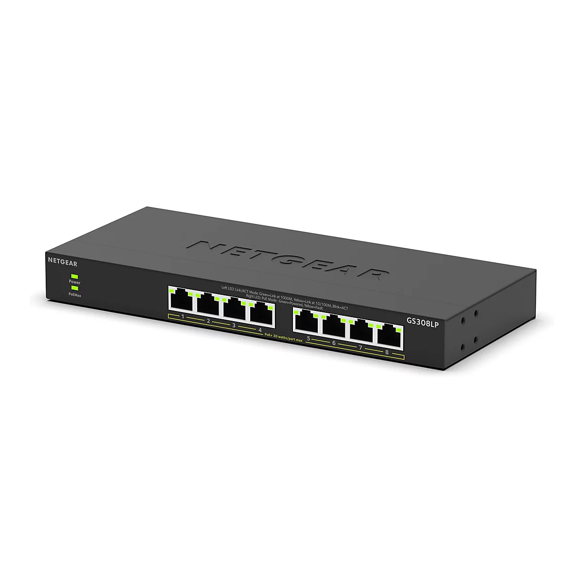 Schwarzer Netgear-Switch mit acht Anschlüssen. Auf der Vorderseite befinden sich grüne LED-Leuchten und weiße Zahlen. Auf der Oberseite steht der Name des Herstellers.