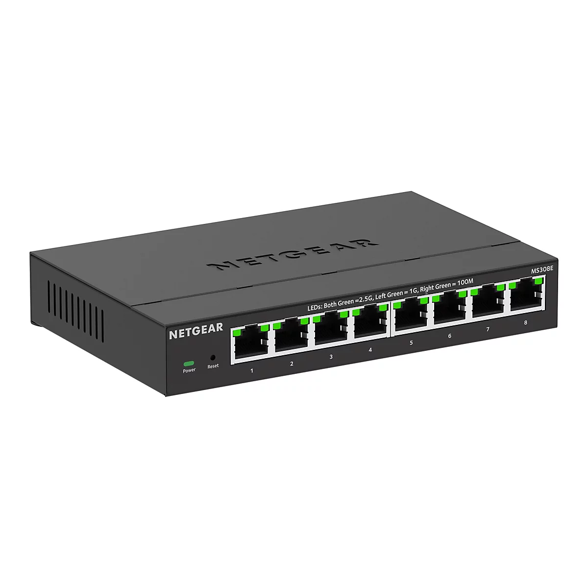 Schwarzer Netgear-Switch mit acht Anschlüssen. Auf der Vorderseite sind grüne LEDs zu sehen, die den Datenverkehr anzeigen. Auf dem Gehäuse ist der Markenname NETGEAR zu lesen.