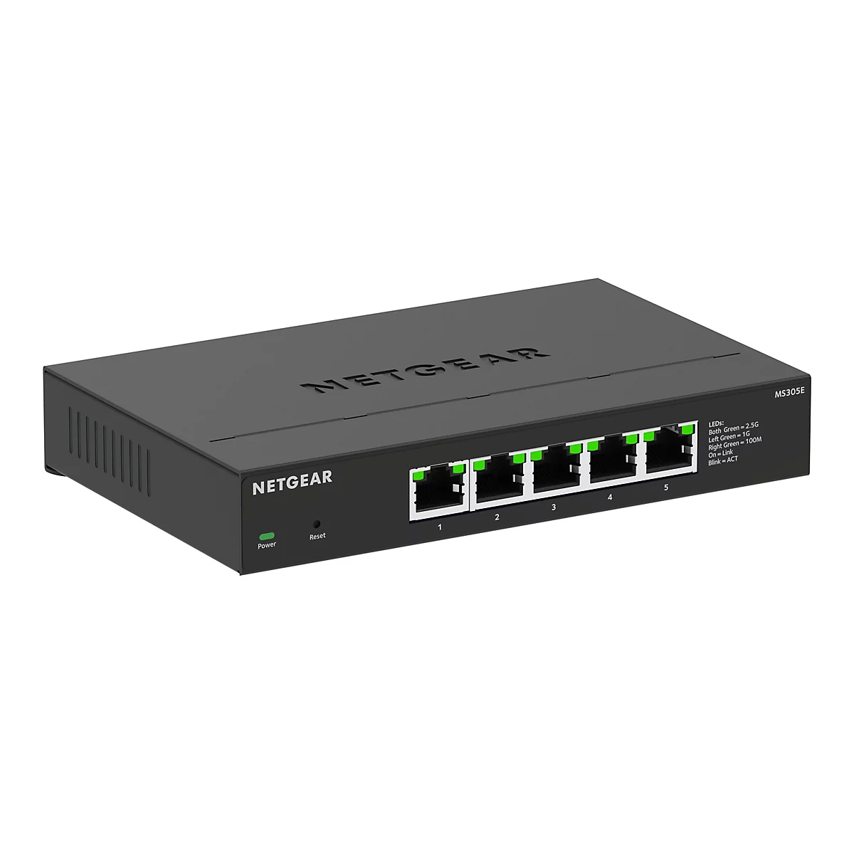 Ein schwarzer Netgear Netzwerk-Switch, mit Anschlüssen, Beschriftungen und LED-Anzeigen auf weißem Hintergrund.
