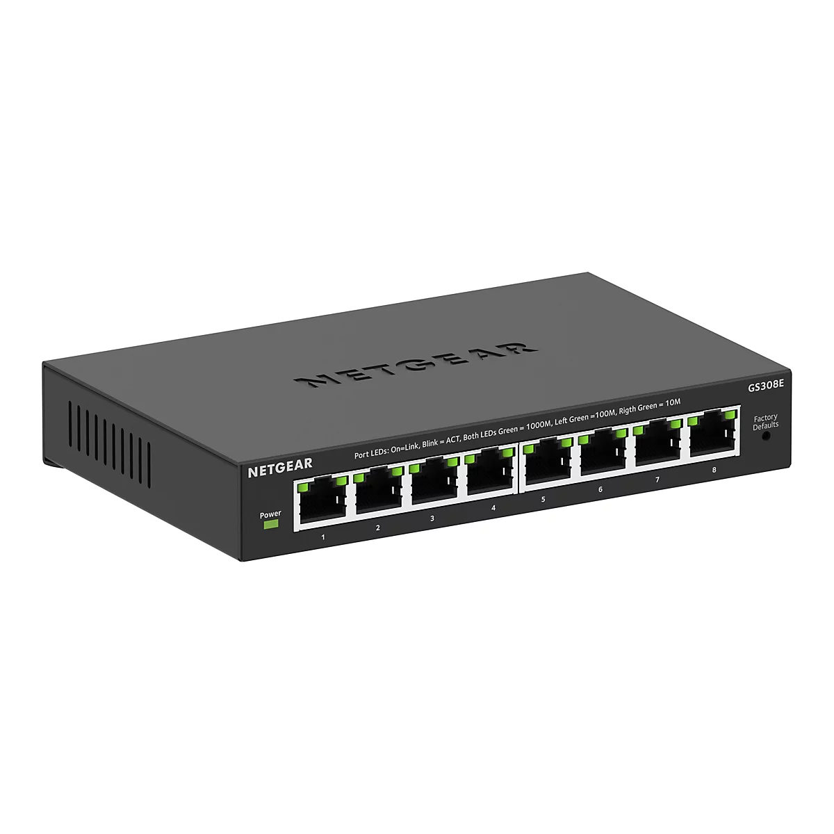Ein schwarzer Netgear-Ethernet-Switch mit acht Ports, der auf weißem Hintergrund steht. Auf der Vorderseite sind die Ports mit grünen LEDs versehen, daneben steht GS308E.