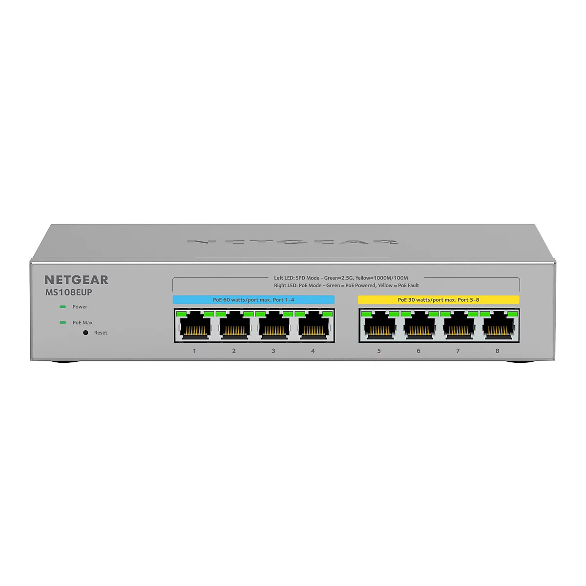 Un commutateur Netgear MS108EUP gris avec huit ports, des LED colorées et des étiquettes. Le nom de la marque est en haut, avec les ports numérotés en dessous.