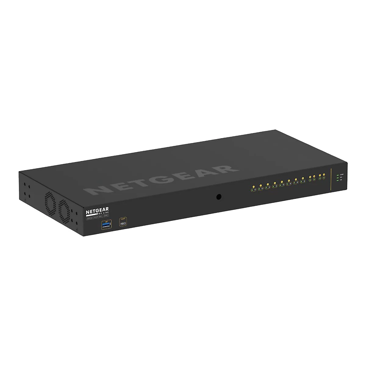 Schwarzer Netgear AV-Switch. Auf der Oberseite ist das Wort NETGEAR zu sehen, vorne befinden sich Anschlüsse.