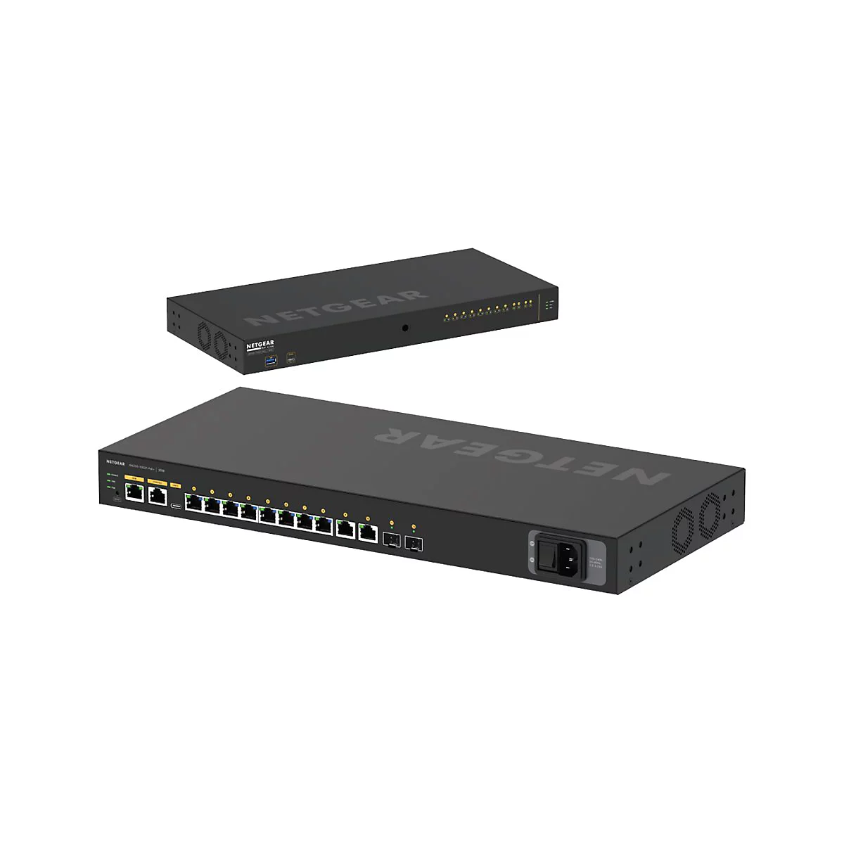 Zwei schwarze Netzwerk-Switches, das Netgear-Logo ist deutlich sichtbar.