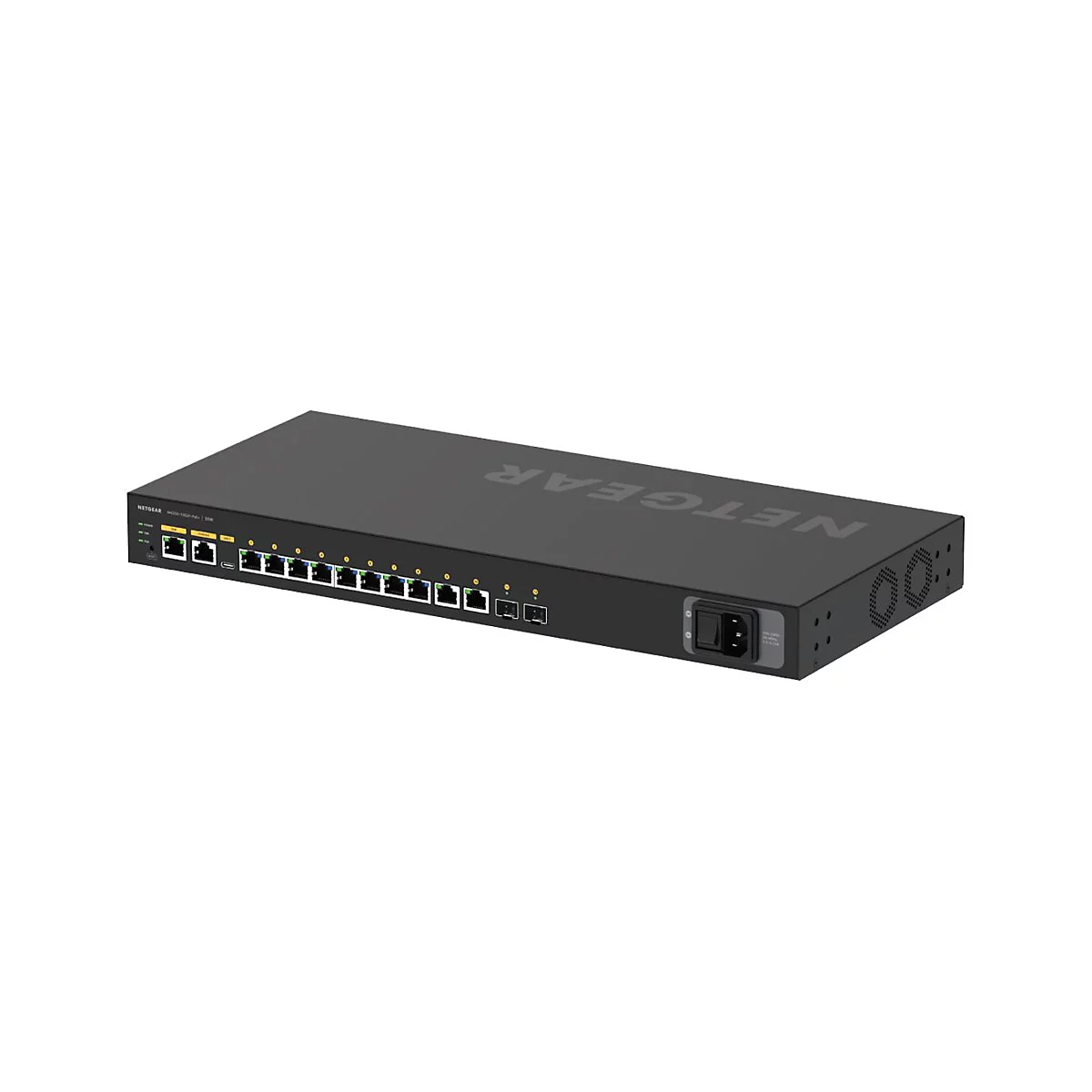 Ein schwarzer Netgear-Switch mit mehreren Ports und einem Ein-/Ausschalter, vor weißem Hintergrund.