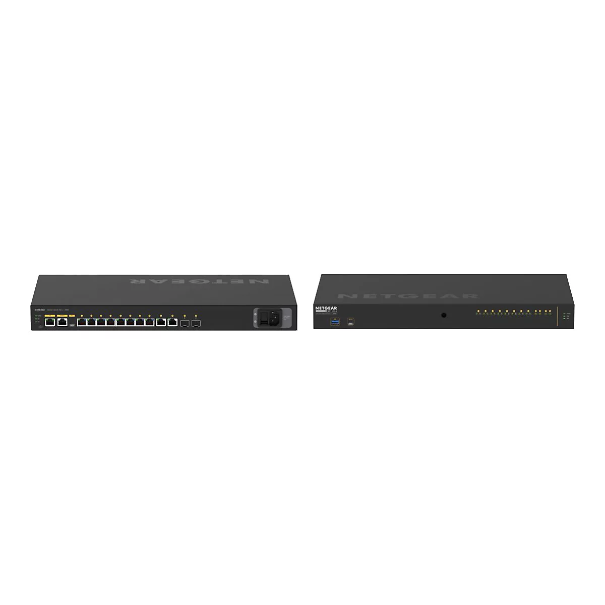 Zwei schwarze Netgear-Switches; einer links mit Ports, einer rechts mit Indikatoren.