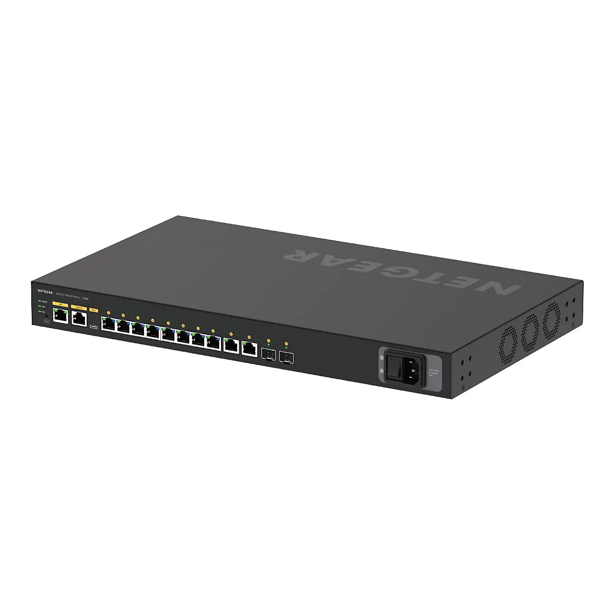 Ein schwarzer Netgear-Switch mit mehreren Ports und der Aufschrift "NETGEAR".