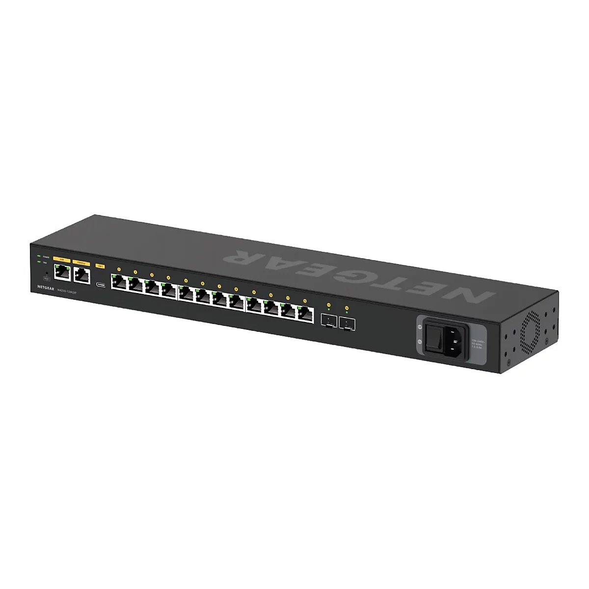 Schwarzer Netgear-Switch mit Ethernet-Anschlüssen. Auf der Oberseite ist „NETGEAR“ eingraviert.