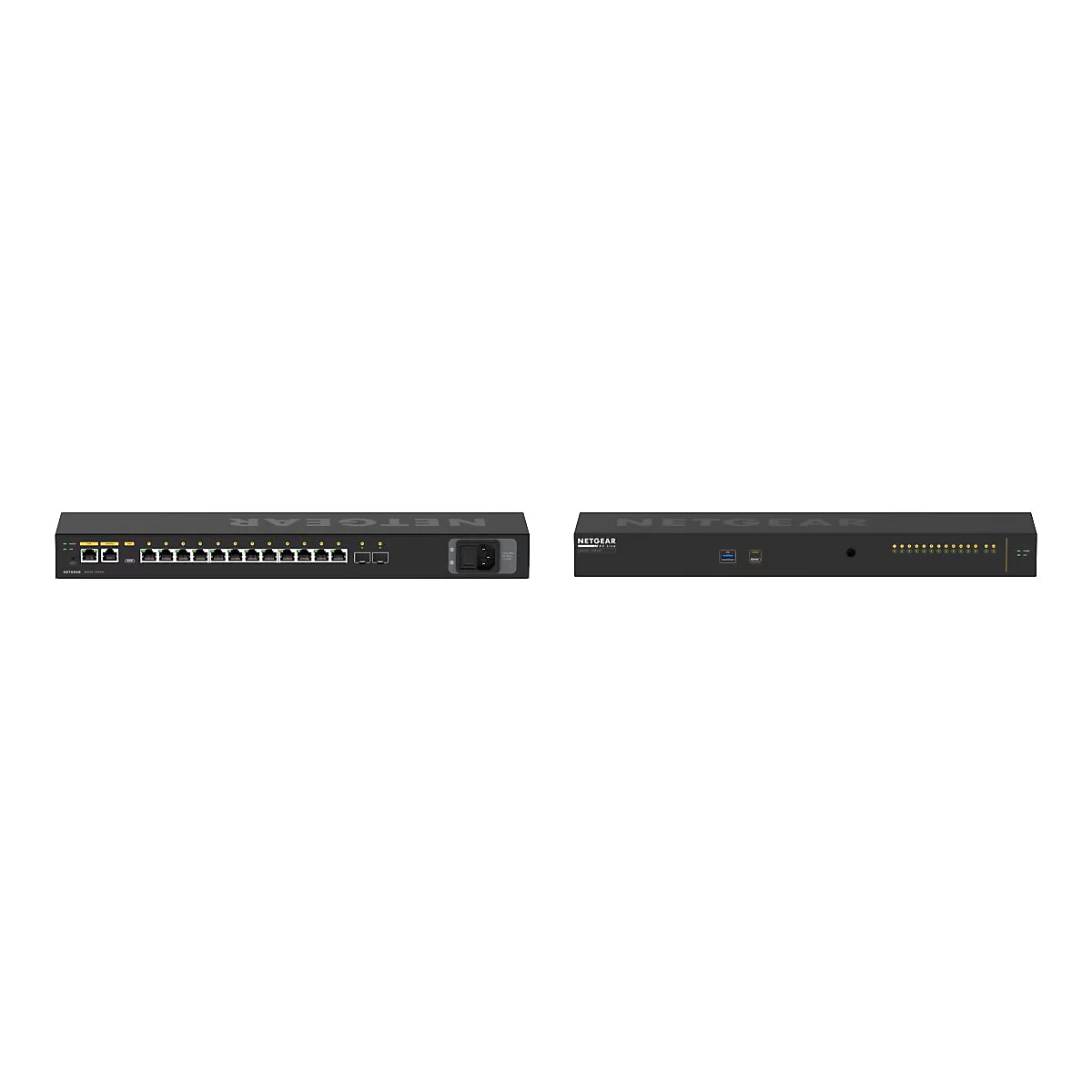 Zwei schwarze Netgear Netzwerk Switches. Links mit vielen Ports, rechts mit USB-Anschlüssen.