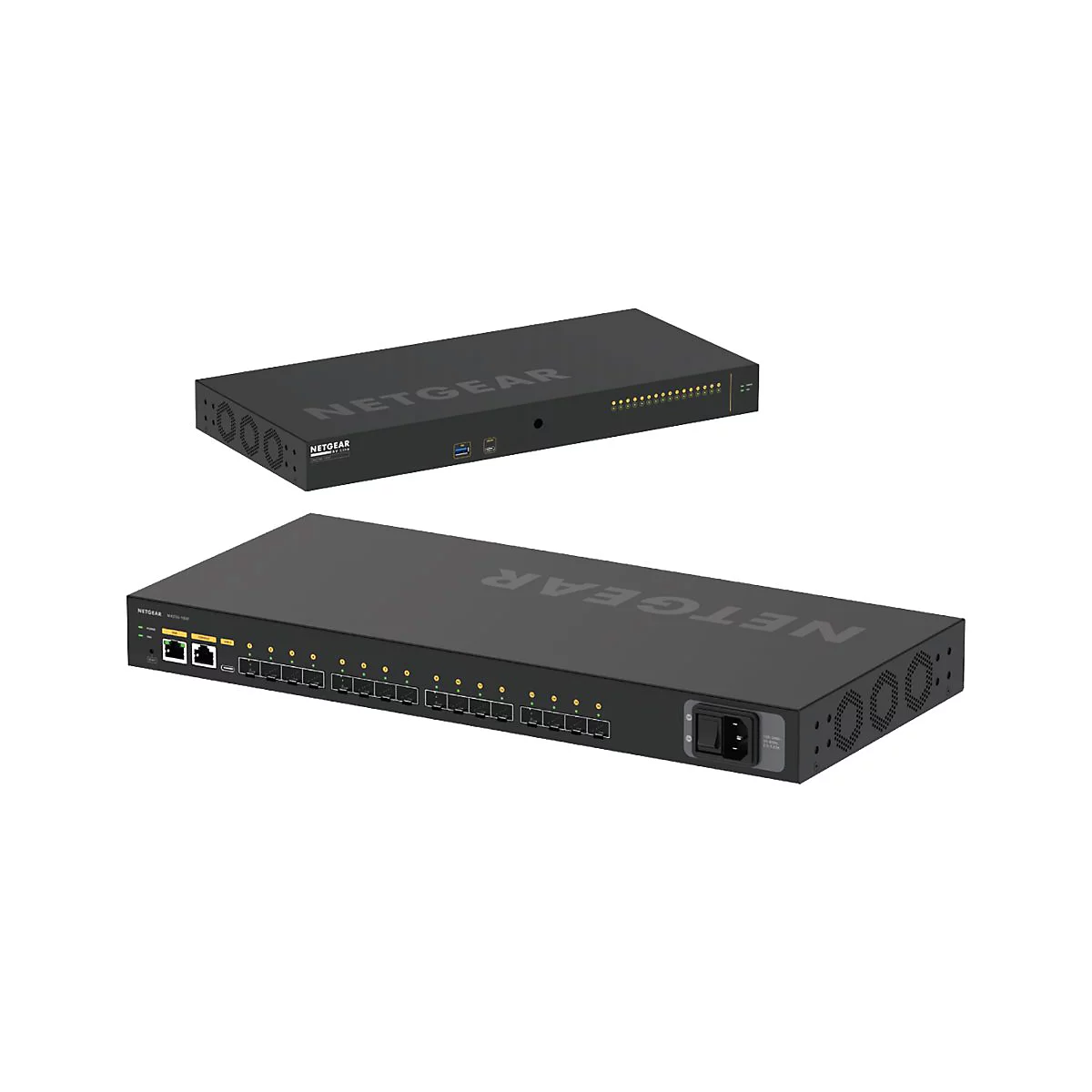 Zwei schwarze Netzwerk-Switches der Marke NETGEAR in unterschiedlichen Größen, vor weißem Hintergrund.