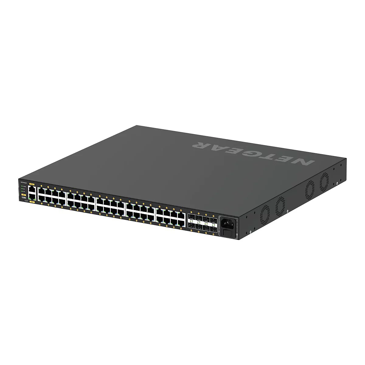 Schwarzer Netgear-Switch mit vielen Ports und dem Schriftzug "NETGEAR".