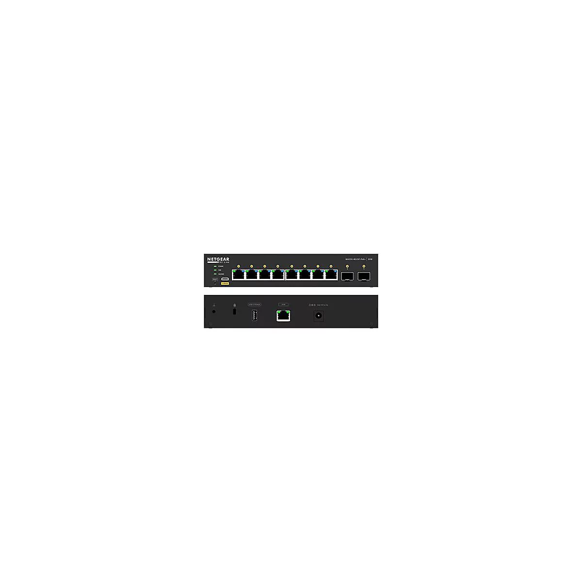 Schwarzer Netgear-Switch, Vorder- und Rückseite gezeigt. Oben: Ports, LEDs und Schriftzug. Unten: Ports, USB und Stromanschluss.