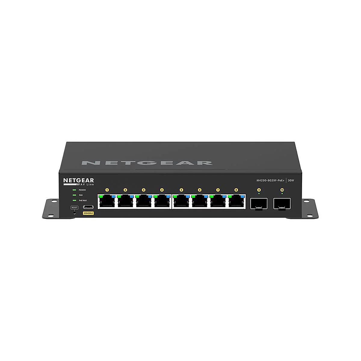 Schwarzer Netgear AV Line Switch. Auf der Vorderseite befinden sich Netzwerkanschlüsse und LED-Anzeigen. Der Schriftzug „NETGEAR“ ist oben eingeprägt.