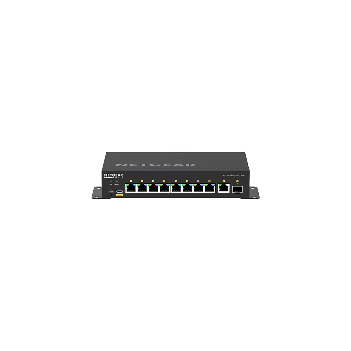 Schwarzer Netzwerk-Switch von Netgear mit acht Anschlüssen und LED-Anzeigen.