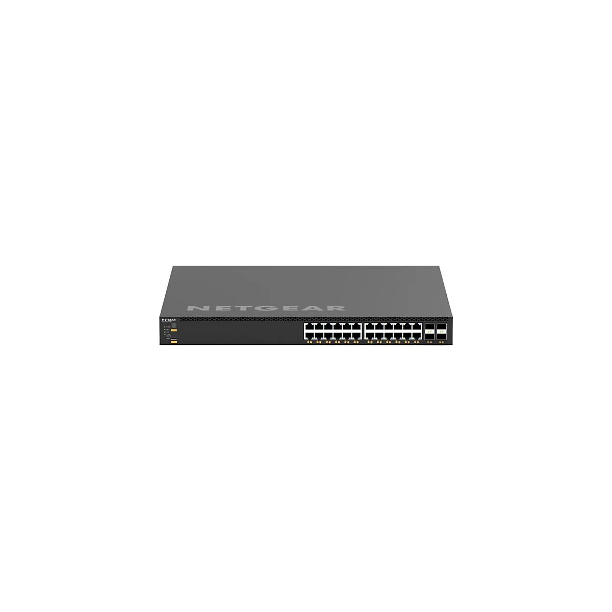 Schwarzer Netgear-Switch mit Ports und LED-Anzeigen, weißer Hintergrund. Auf der Oberseite steht NETGEAR.