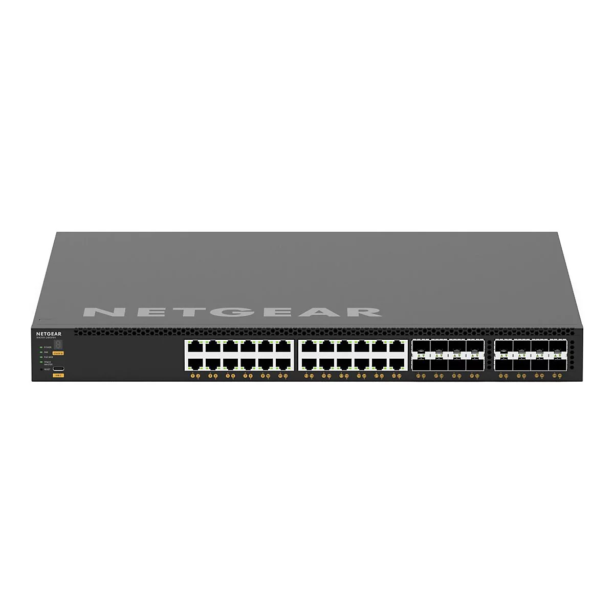 Schwarzer Netgear Switch, viele Ports, grauer Schriftzug.