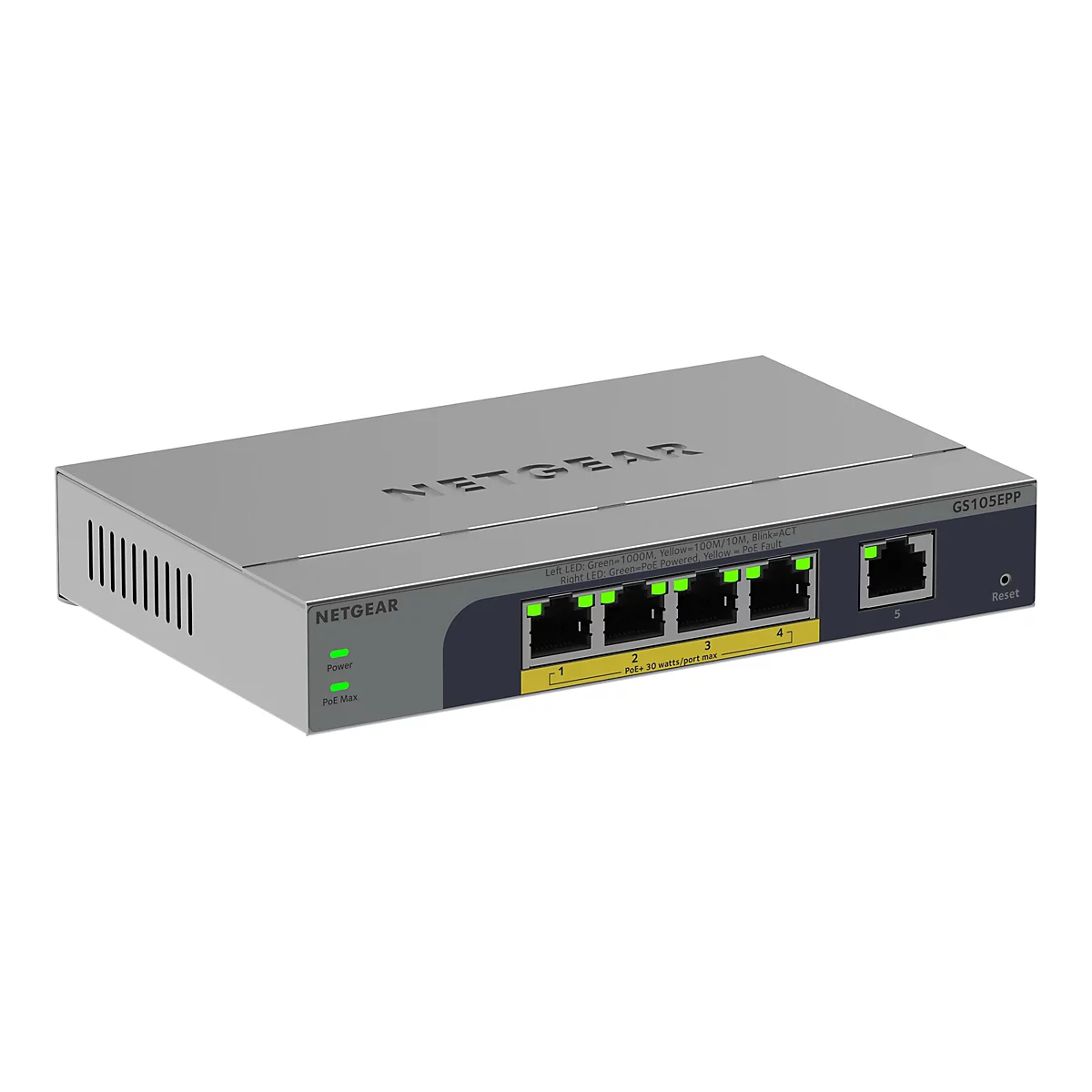 Grauer Netgear Switch GS105EPP. Auf der Oberseite steht "NETGEAR" und "GS105EPP". An der Vorderseite befinden sich Ports mit LEDs, daneben steht "1, 2, 3, 4" und "5" und "Reset".