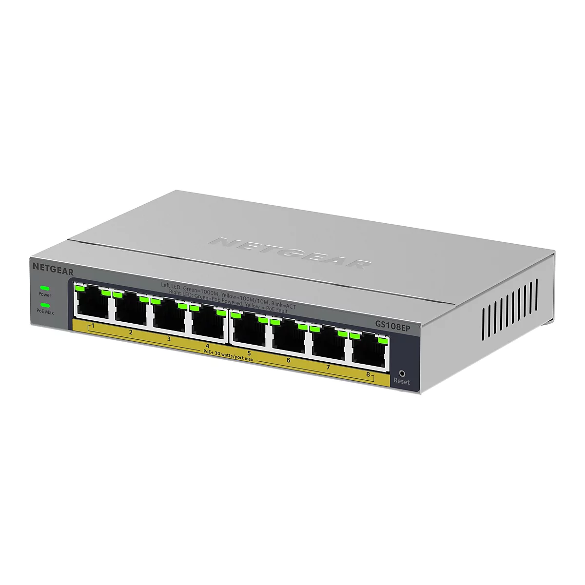 Un commutateur réseau Netgear gris avec huit ports. Des LED vertes sont visibles à l'avant. Le mot "NETGEAR" est écrit sur le dessus.