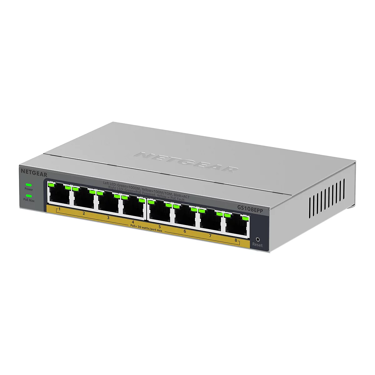 Ein silberfarbener Netgear-Switch mit acht Anschlüssen. Auf der Vorderseite sind LEDs und Beschriftungen zu sehen, die Funktionen wie Stromversorgung und PoE-Status anzeigen. Das Netgear-Logo ist prominent platziert.