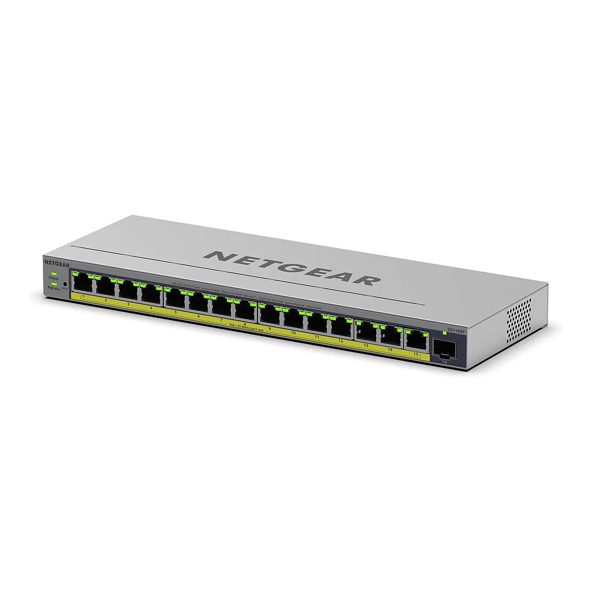 Grauer Netgear-Switch, von oben fotografiert. Er hat 16 Ethernet-Ports, darunter Ports für Power over Ethernet (PoE). Die grünen LEDs an der Vorderseite zeigen den Status an. Der Markenname ist deutlich auf der Oberseite zu sehen.