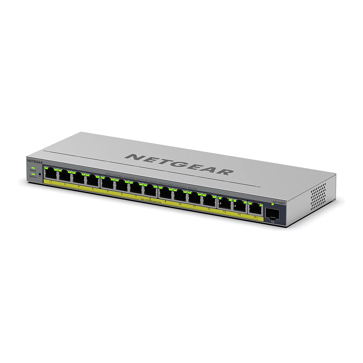 Ein grauer Netzwerkswitch von Netgear mit 16 Ports. Der Switch zeigt grüne LEDs und ist auf einem weißen Hintergrund abgebildet.