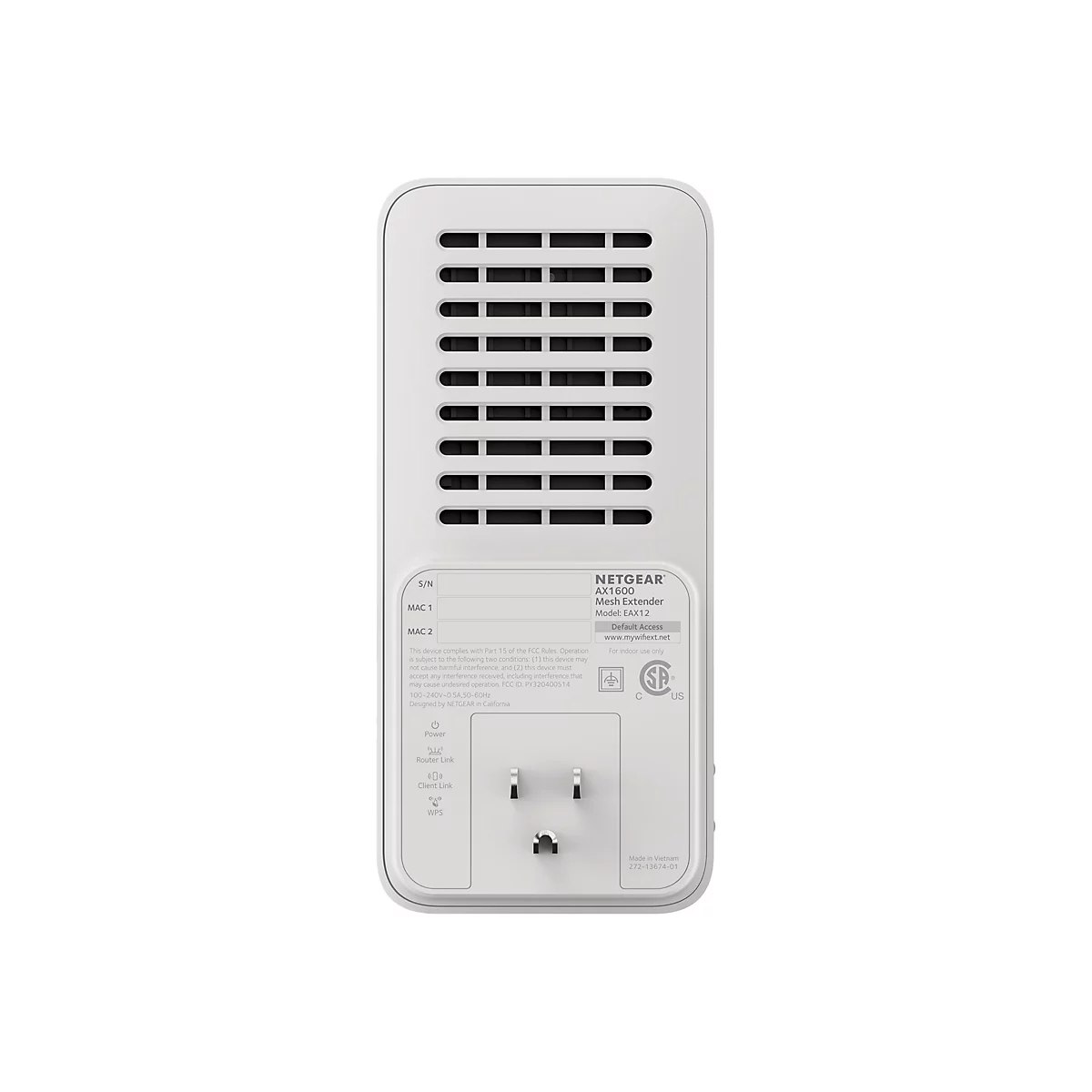 Ein weißer Netgear AX1600 Mesh Extender vor weißem Hintergrund. Das Gerät hat Lüftungsschlitze und einen dreipoligen Stecker.
