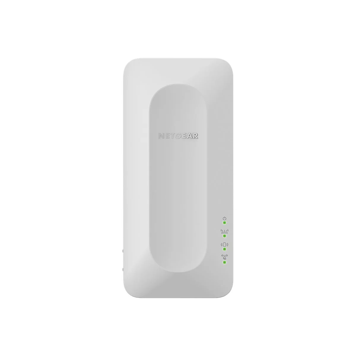 Weißes Netgear-Gerät, länglich, mit grünen LEDs und dem Schriftzug "NETGEAR".