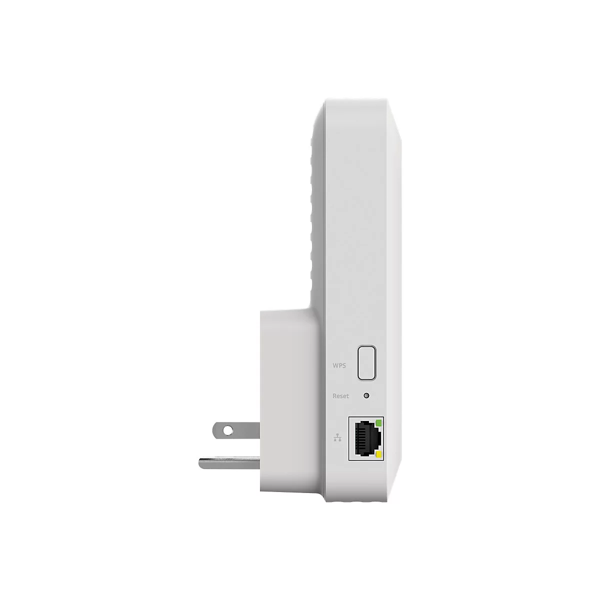 Weißer WLAN-Repeater mit LAN-Anschluss. Auf dem Gehäuse ist 'WPS' und 'Reset' beschriftet, daneben befinden sich Knöpfe.