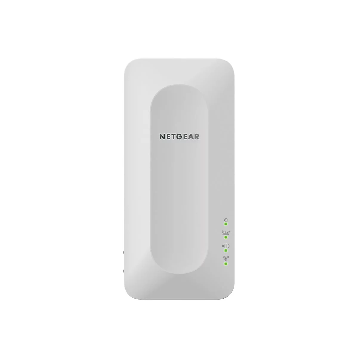 Répéteur WiFi Netgear blanc avec LED vertes. Texte "NETGEAR".