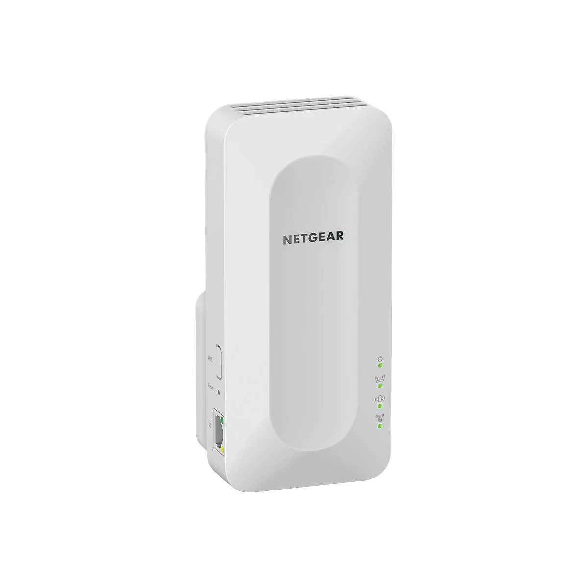 WeiÃŸer NETGEAR WLAN-Repeater; rechteckige Form, mit Indikatoren und dem NETGEAR-Logo.