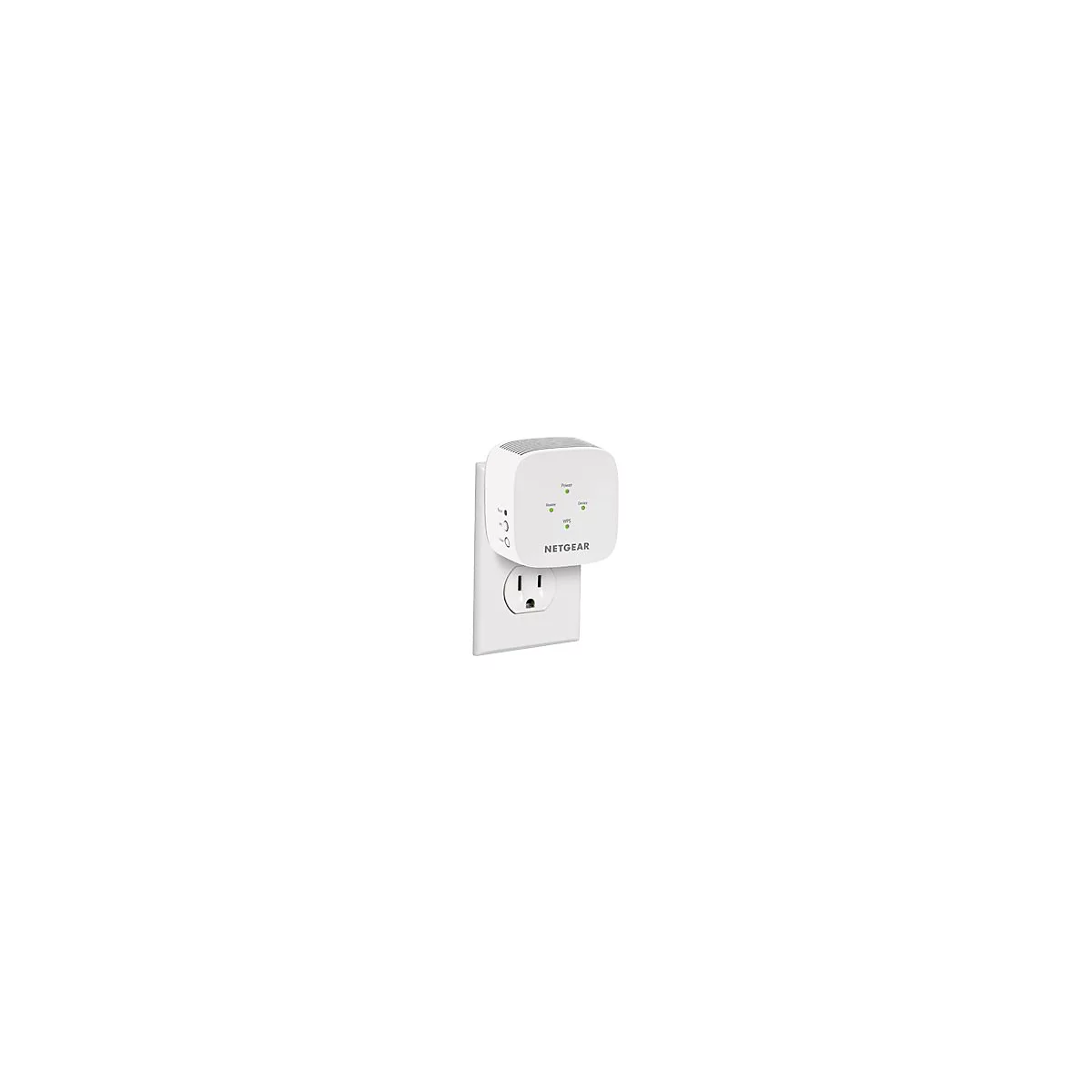 Weißer WLAN-Verstärker, in eine weiße Steckdose gesteckt. Mit grünen LEDs und NETGEAR-Logo.