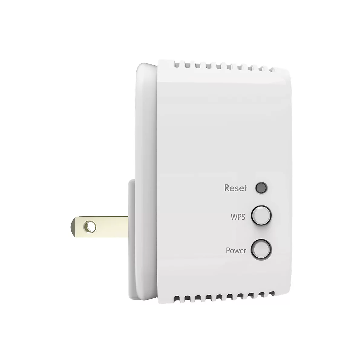Répéteur WiFi blanc avec prise, trois boutons avec les mentions : Réinitialiser, WPS, Alimentation.