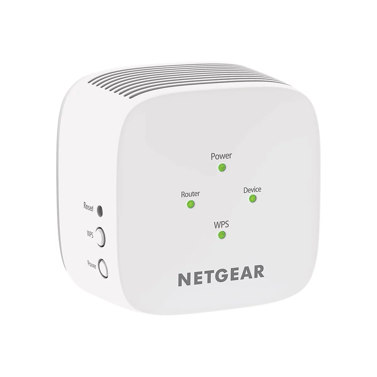 Weißer Netgear WLAN-Repeater mit grünen LEDs und Beschriftung. Reset, WPS und Power-Tasten sind erkennbar.