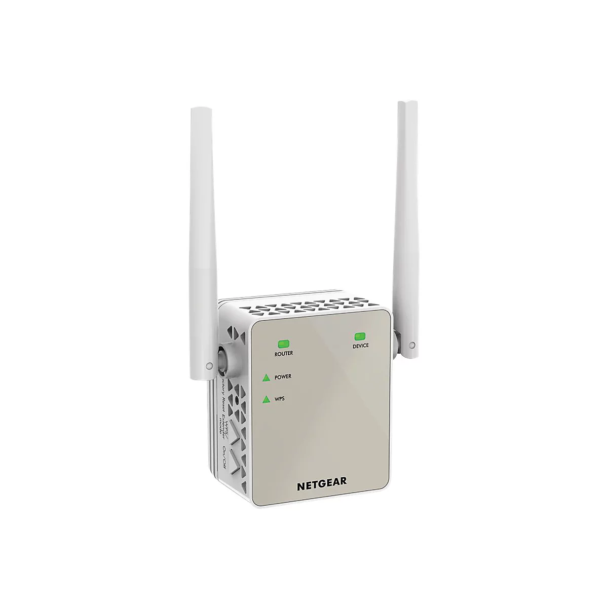 Ein weißer Netgear WLAN-Router mit zwei Antennen. Die Anzeigeleuchten zeigen „Router“, „Power“ und „WPS“ an.