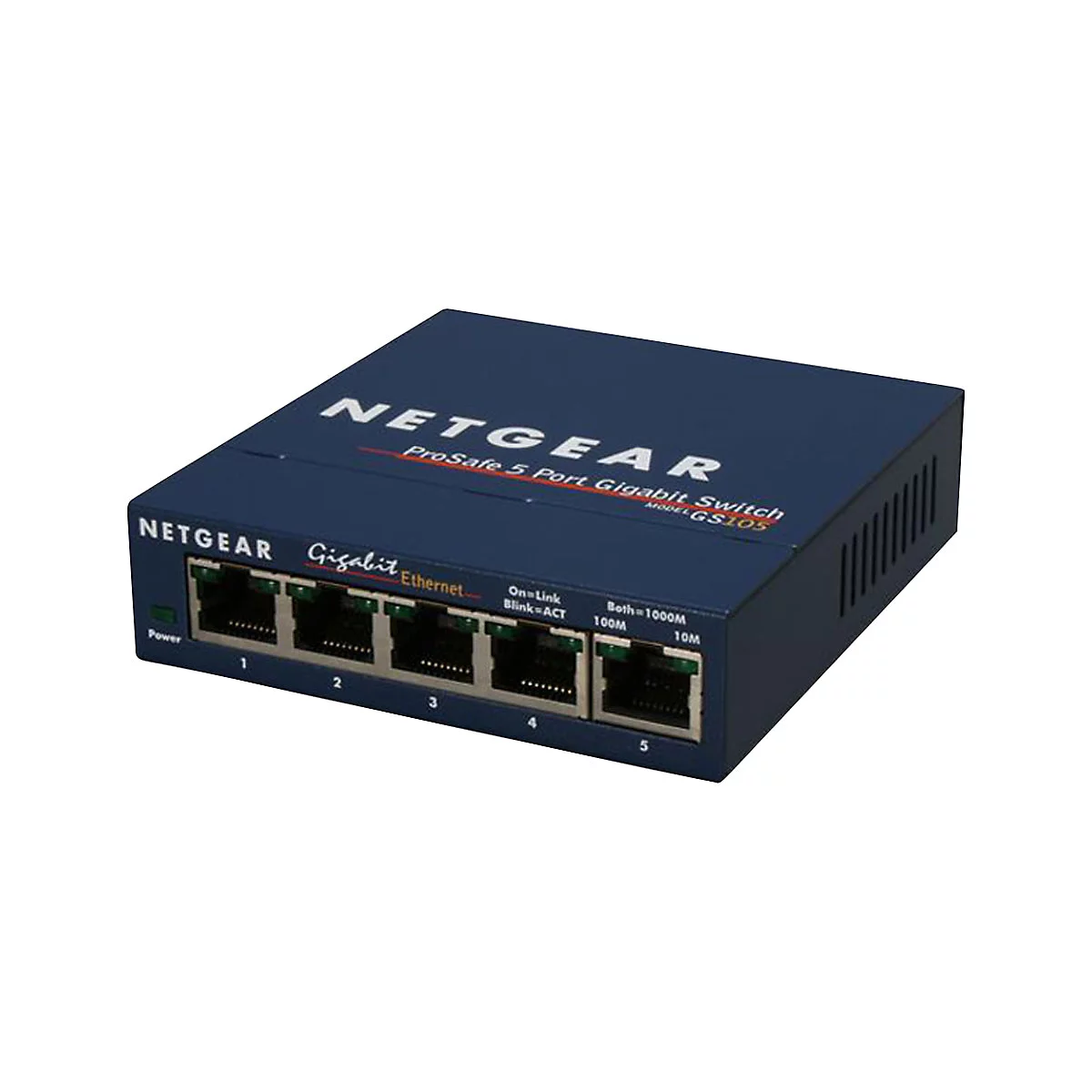 Ein dunkelblauer Netgear ProSafe 5 Port Gigabit Switch. Auf der Oberseite stehen die Worte NETGEAR und ProSafe 5 Port Gigabit Switch. Fünf Ethernet-Anschlüsse auf der Vorderseite.
