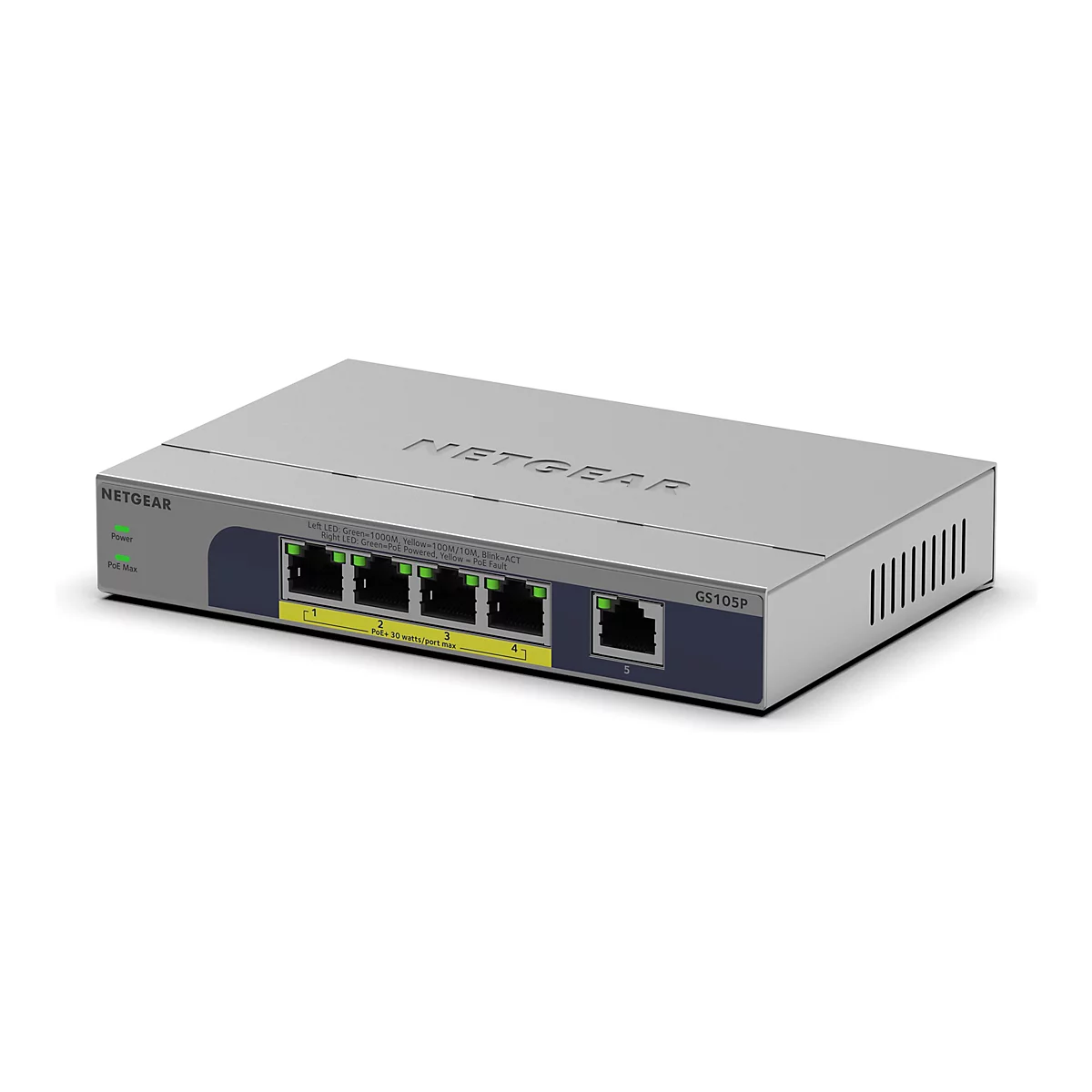 Ein silberfarbener Netgear GS105P Switch, vor weißem Hintergrund. Der Switch hat fünf Ports und Kontrollleuchten.