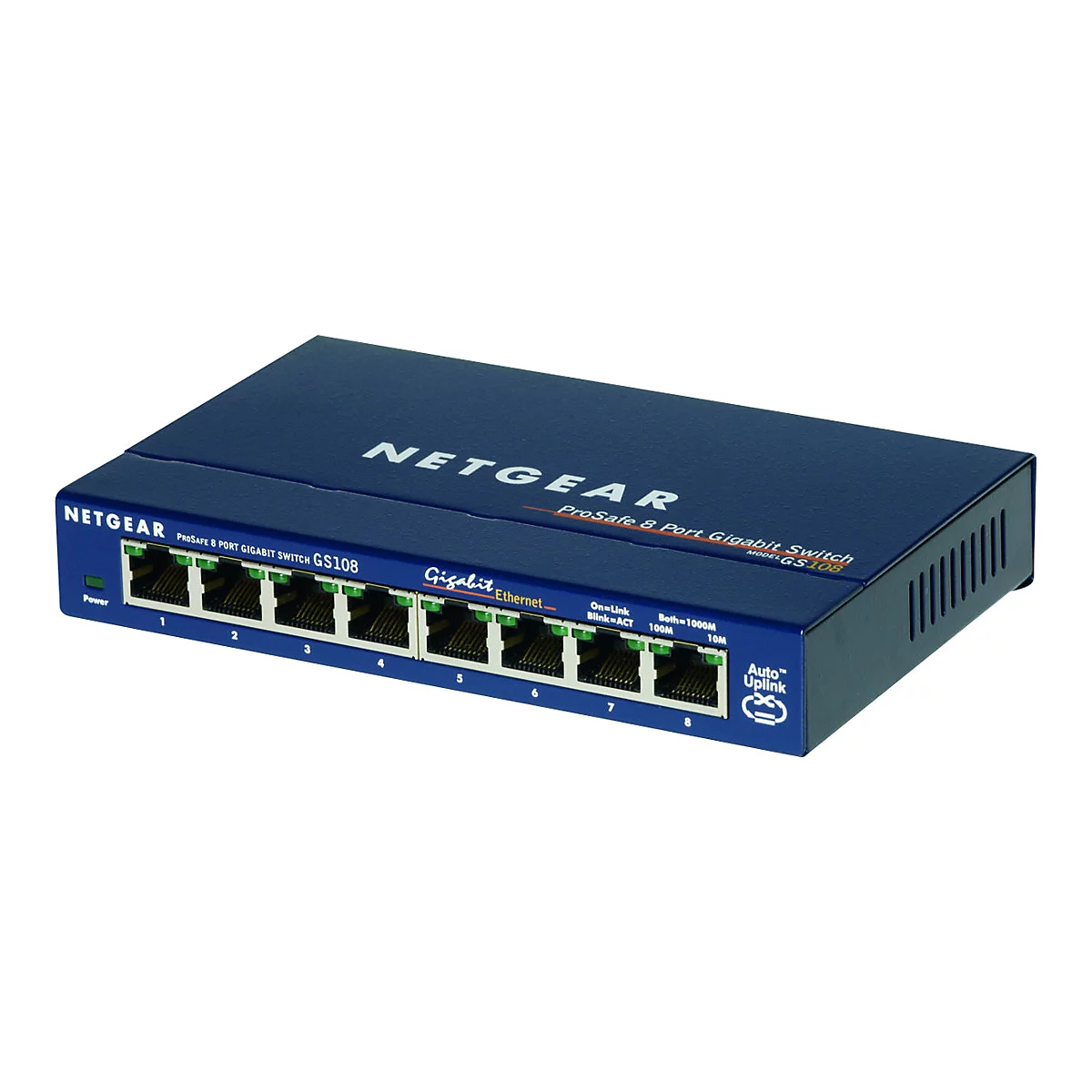 Ein blauer Netgear ProSafe 8-Port Gigabit Switch, mit Anschlüssen und Beschriftungen.