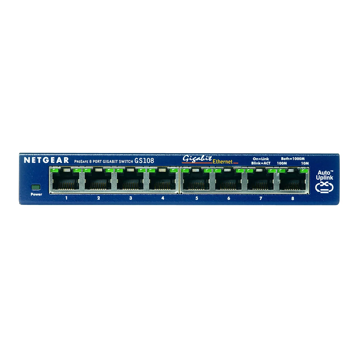 Ein blauer Netzwerk-Switch mit 8 Ports, beschriftet mit Netgear und GS108.